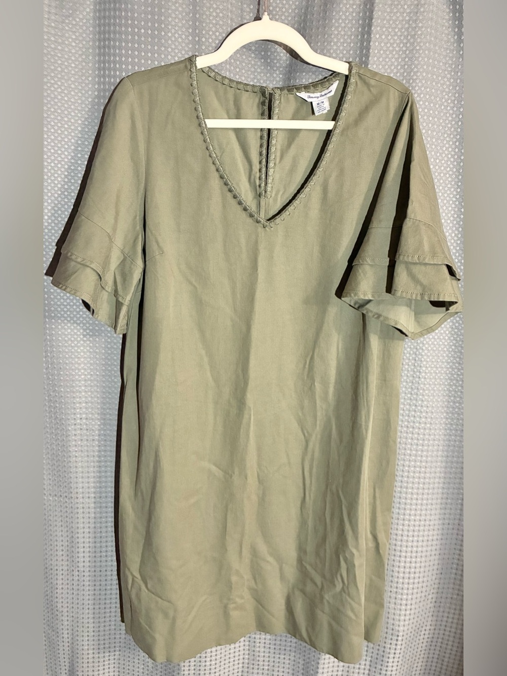 Tommy Bahama M Olive Green Dress Double Ruffle Short Sleeve Embroidered Accents